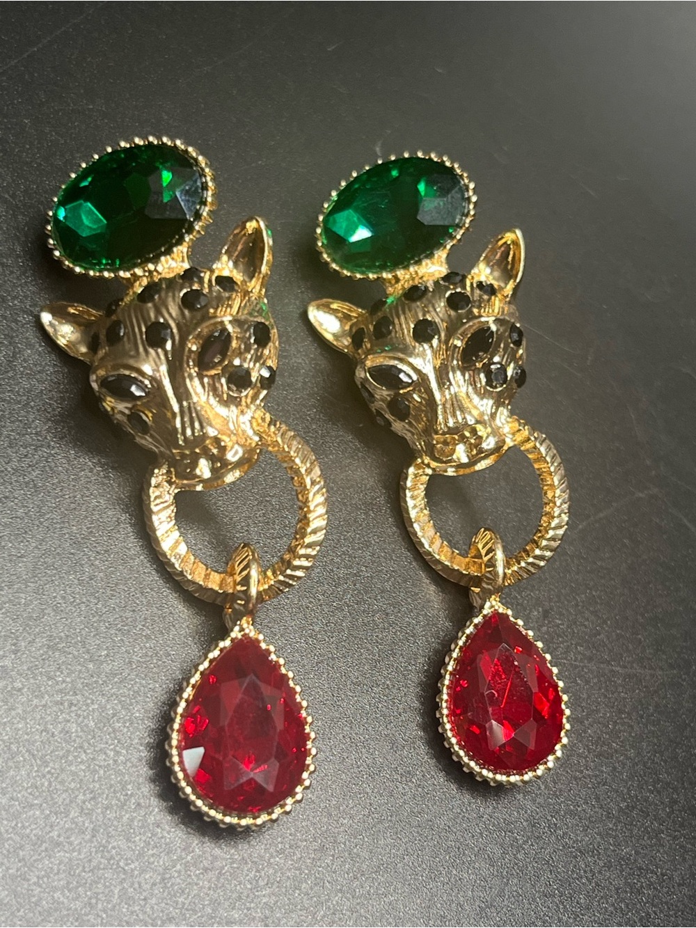 Panther Head Statement Earrings Green Red Crystal Gold Tone Dangle Earrings